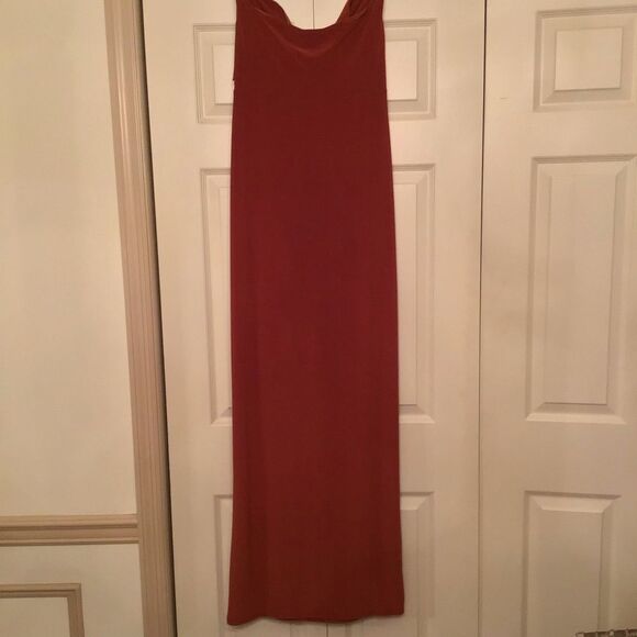 ASOS Tall Drape Twist Front Bandeau Maxi Dress With Invisible Mesh In Rust - Picture 7 of 8